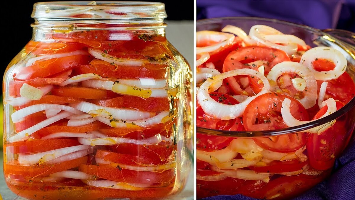 Простой и вкусный маринованный салат на зиму из лука и помидоров